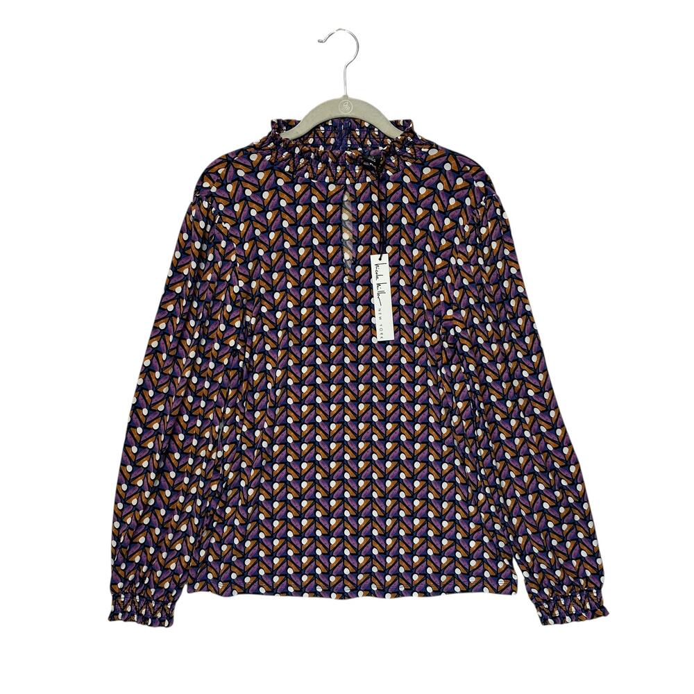 Nicole Miller Geometric Print Long Sleeve Blouse NWT Women's Sz M Pink Jersey